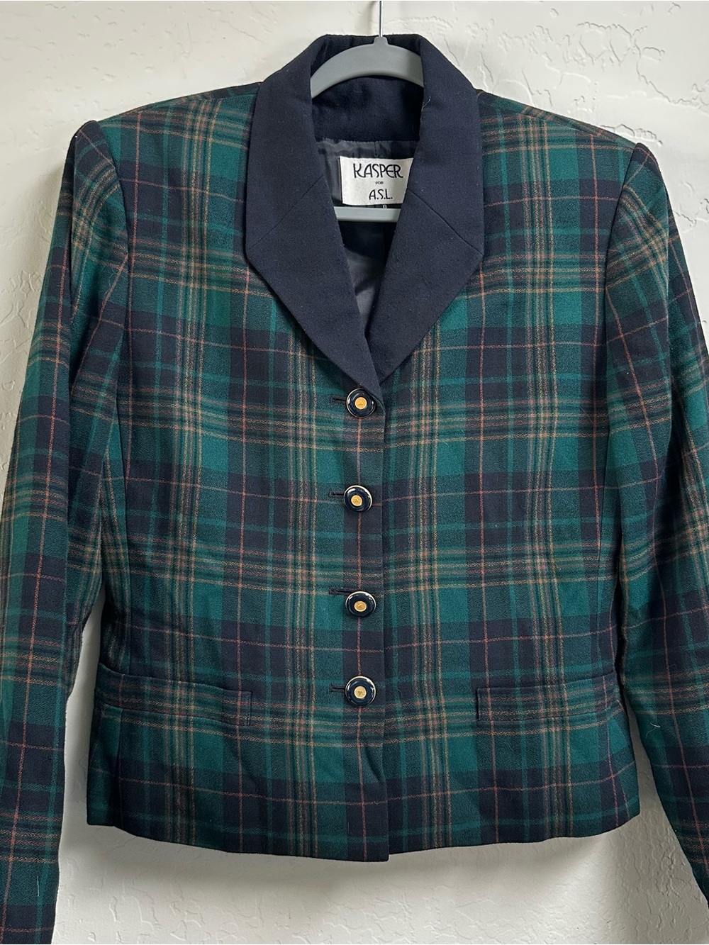 Vintage Kasper for ASL Plaid Blazer Shawl Collar Navy Green Tweed-Look Sz 8